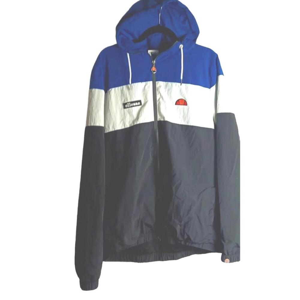 Ellesse Mens Colorblock Windbreaker Jacket Blue White Black Full Zip Hooded L